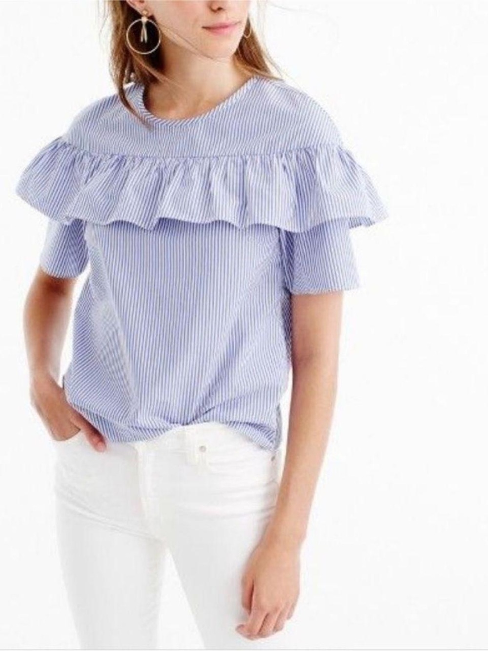 J. Crew Blue and White Striped Ruffle Yoke Top